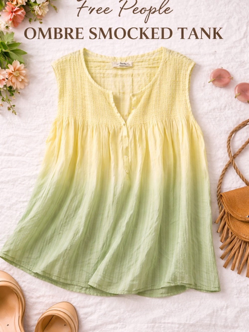 Free People We The Free Ombre Smocked Tank Top Yellow Green Size M